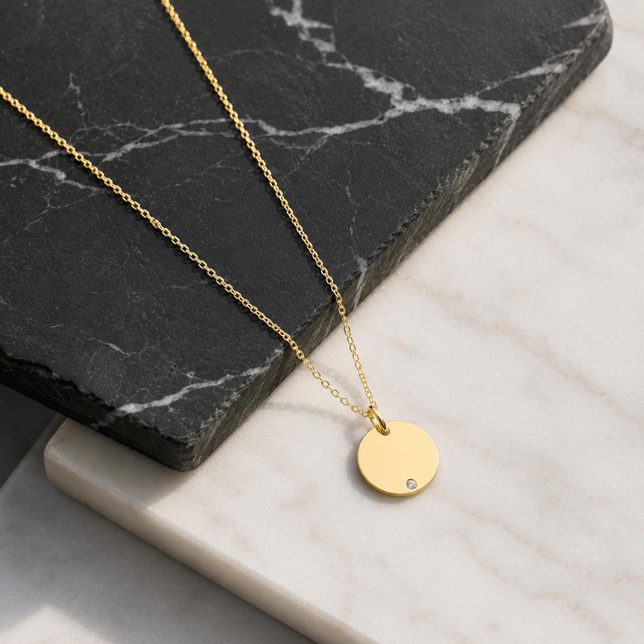 Personalized 14K Gold Disc Necklace with Diamond, Custom Engraved…