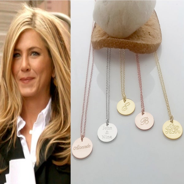 Ciondolo a disco con incisione personalizzata in oro massiccio 14k, ciondolo con ciondolo in oro massiccio personalizzato, incisione su entrambi i lati, collana con disco regalo per la festa della mamma