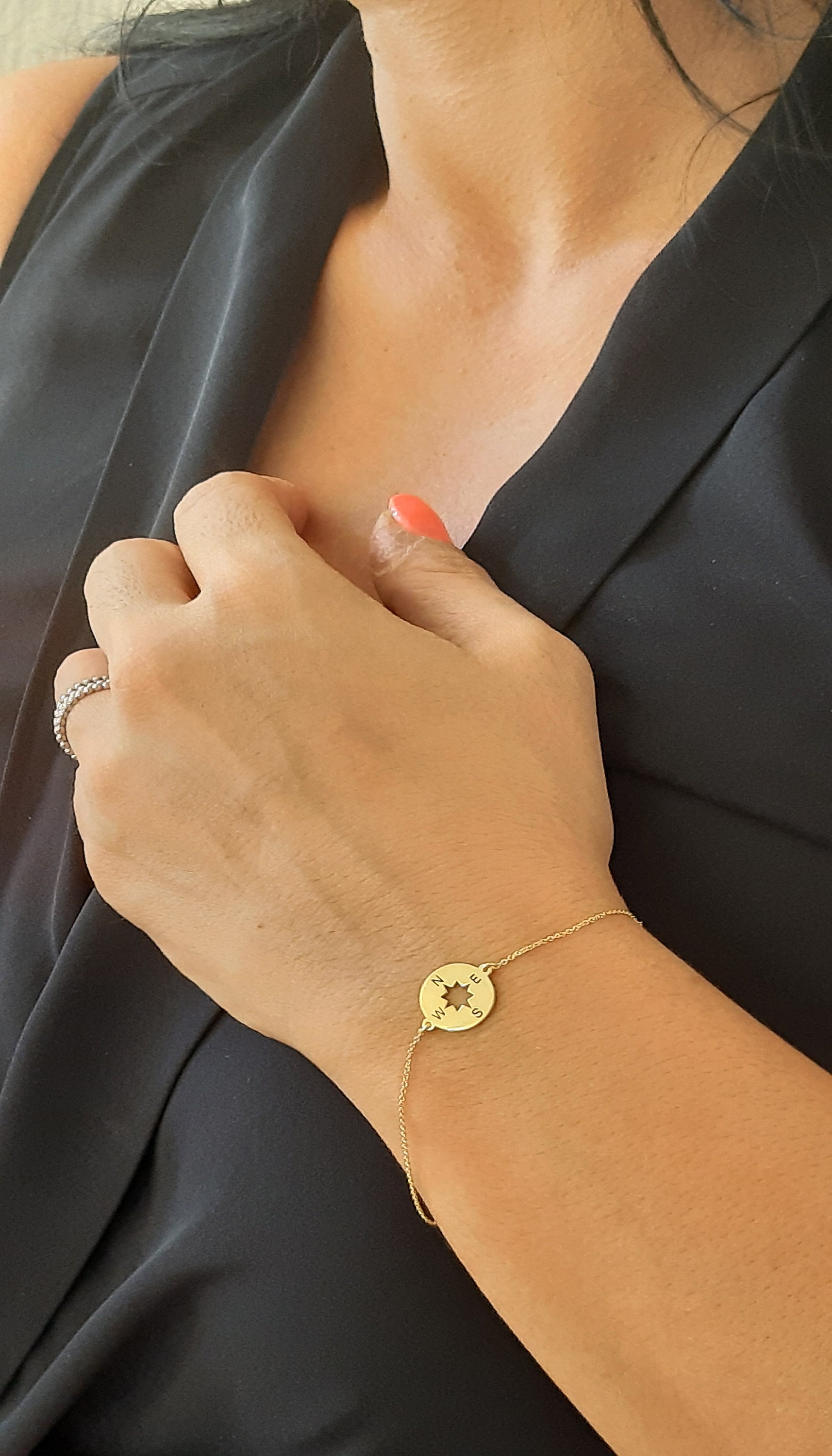 14K Solid Gold Compass Yellow Gold Bracelet Daintry Compass Etsy