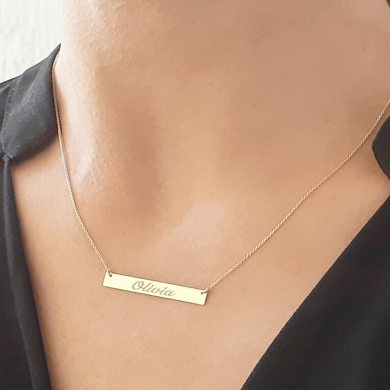 14k Gold bar Necklace, Name plate bar necklace, Personalized name Bar Necklace, Gold Necklace, Engraved Necklace, dainty gold necklace gift image 3