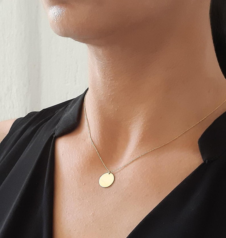 Disc Initial Necklace, Dainty Disc Necklace, Gold Initial Necklace, Monogram Disc Charm, Bridesmaid Gift, Birthday Gift, 14k gold necklace image 4