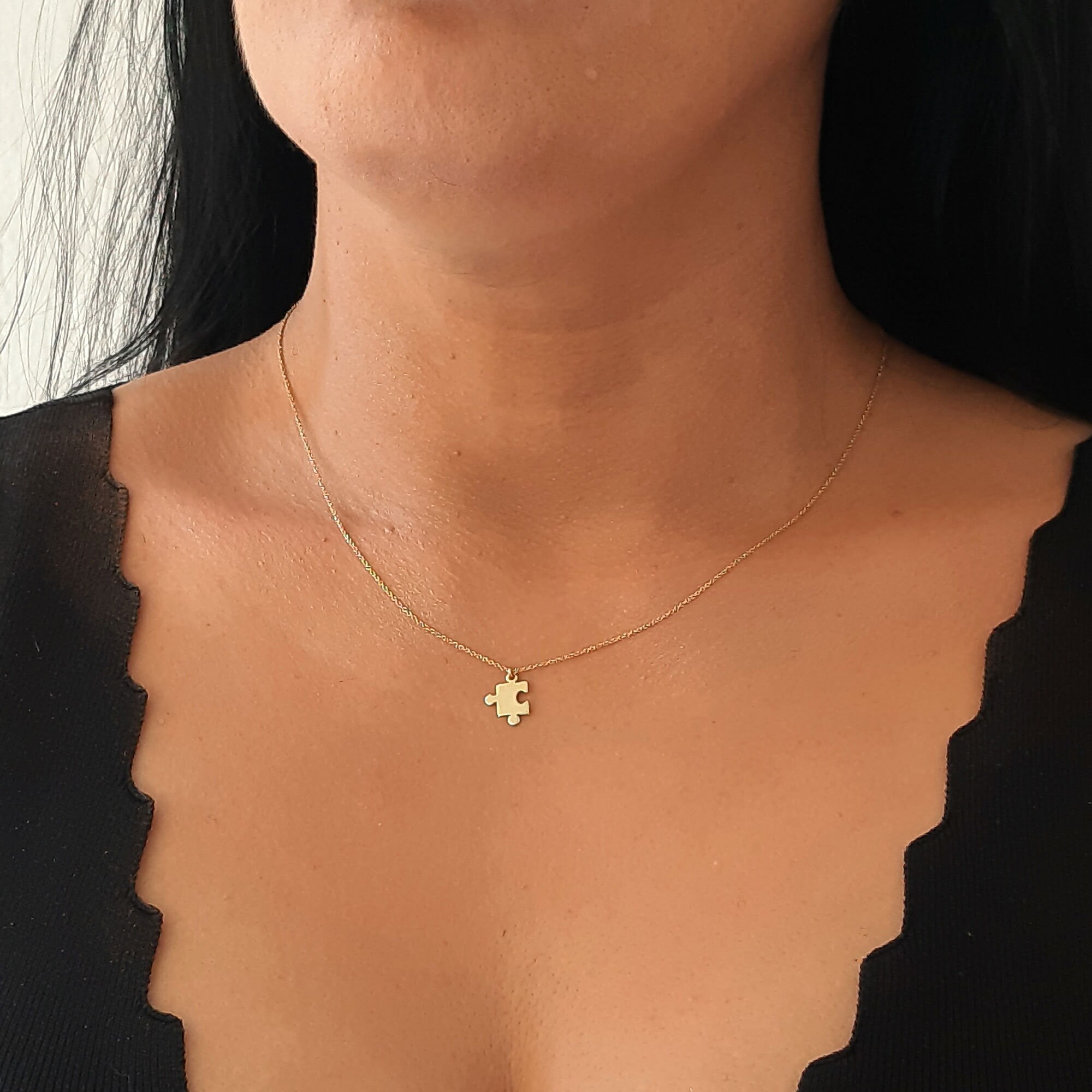 14K Solid Gold Tiny Puzzle Piece Pendant / Dainty Layering Etsy