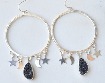 Black Hole Sterling Silver Celestial Hoop Earrings with Charcoal Druzy // Moon and Stars