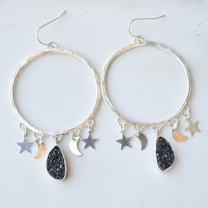 Black Hole Sterling Silver Celestial Hoop Earrings with Charcoal Druzy // Moon and Stars