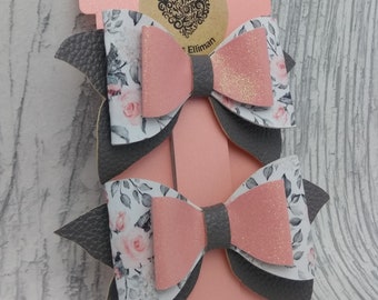 Handmade Girls Small Classic School Grey Hair Bow Clips Sold In Pairs