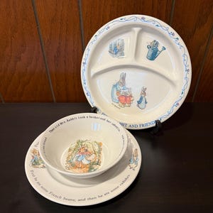 3 Piece Set Beatrix Potter Peter Rabbit Wedgwood Plate and Bowl and Eden Plastic Divided Plate