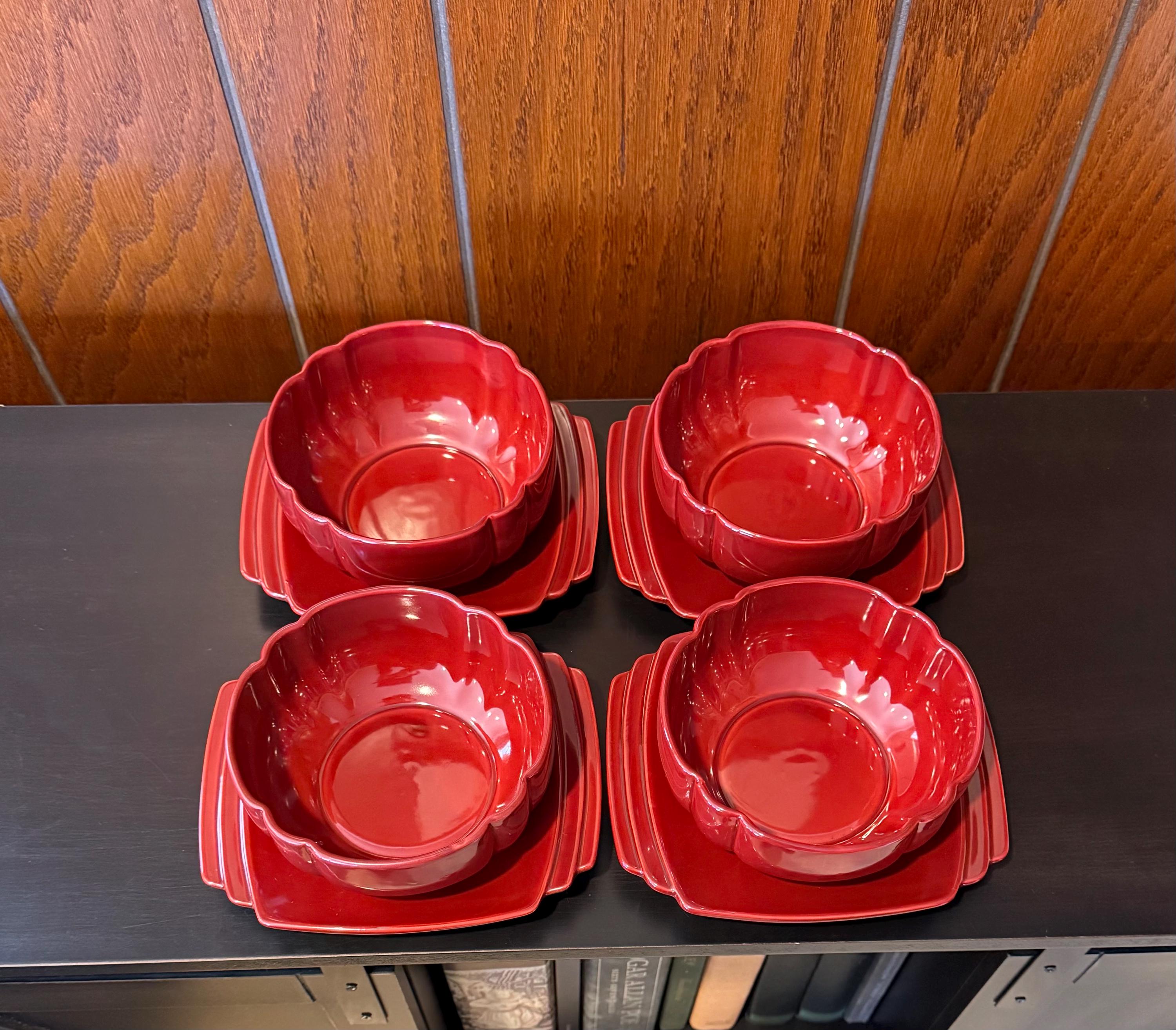Vintage 1981 A Company of Friends Dark Red Art Deco Style 8 Piece Bowl and Saucer Set