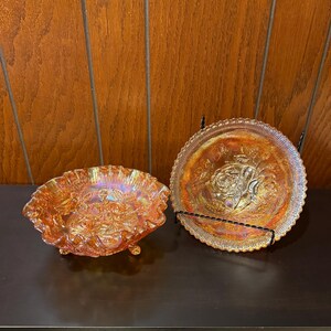 Set of 2 Marigold Carnival Glass Open Rose Pattern Bowls