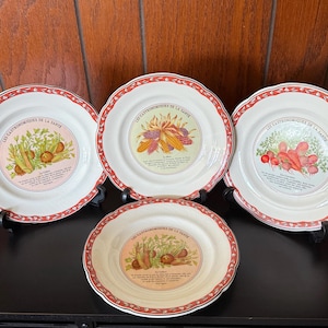 Set of 4 Gien France &#39;Les Gastronomiques de la Sante&#39; 8&quot; Plates Marie-Pierre Boitard - Please read for condition