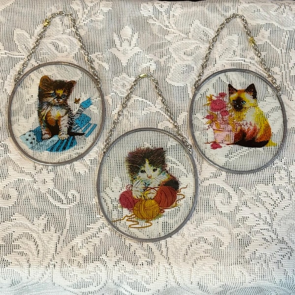 Set of 3 Vintage Glass Kitten Suncatchers