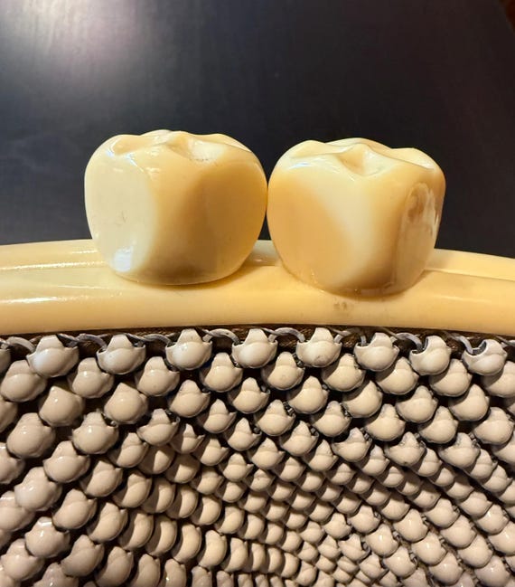 Vintage Whiting Davis Ivory Enamel Mesh and Bakel… - image 5