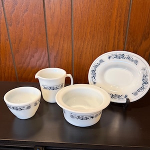 4 Pieces Pyrex Corning Old Town Blue - Sugar Bowl, Creamer, Butter Tub, Gravy Boat Underplate
