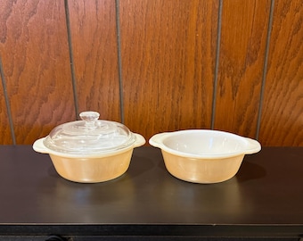 Set of 2 Fire King Peach Luster 1 Pint Round Casserole Dishes with Handles and 1 Lid