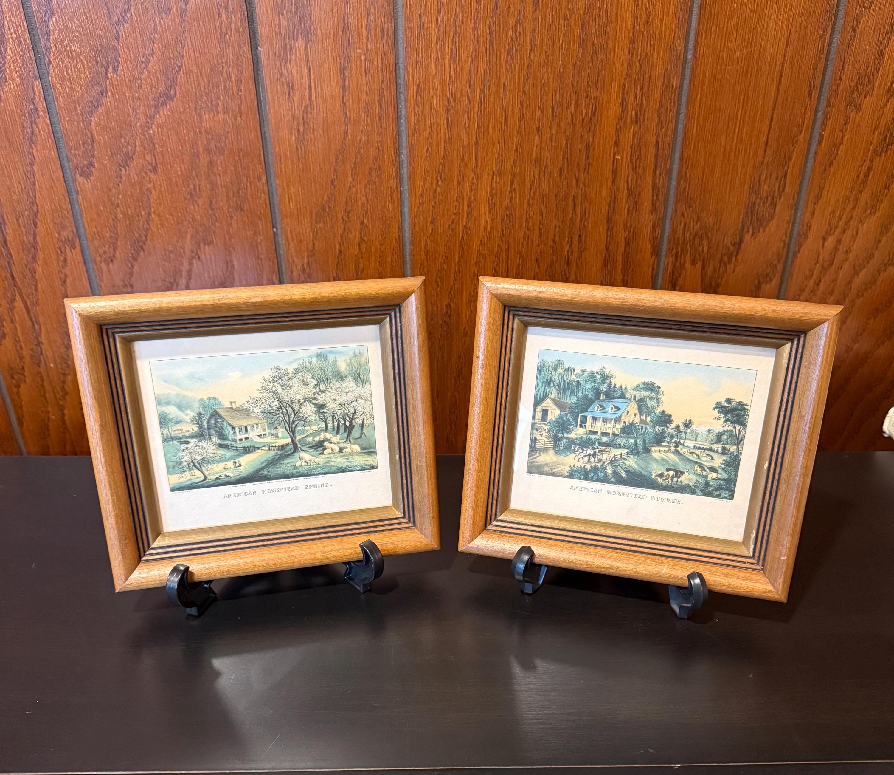 Pair of Small Currier & Ives American Homestead Framed Prints - Spring and Summer - 6" x 5"