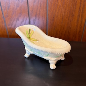 Vintage Ceramic Green and Yellow Floral Clawfoot Bathtub Soap Dish Trinket Dish - Please read for condition