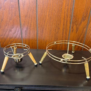 Set of 2 Pfaltzgraff Round Brass and Wood Warmer Stands - 8&quot; and 4&quot;