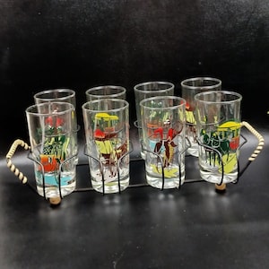 Set of 8 Anchor Hocking MCM Party Gay Nineties Barware Cocktail Highball Glasses with Caddy Transportation Vintage Cars