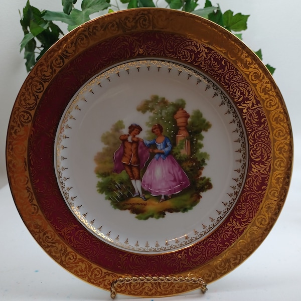 Elegant Porcelain Cabinet Plate  Courting Couple Vintage Limoges France  Rehausse Main