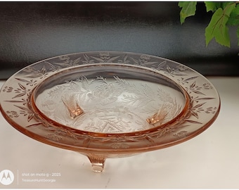Antique Centerpiece Console Bowl US GLASS   Pink Depression Rose & Thorn Flowers 3 Toed