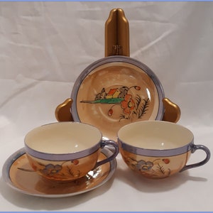 Antique  Hant Painted Lusterware  Peach Blue Floral  2 Tea Cups & Saucers Made in Japan
