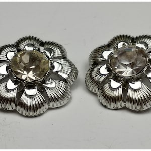 MCM 1950s Coro Clip-On Earrings Silver-Tone Flower Vintage