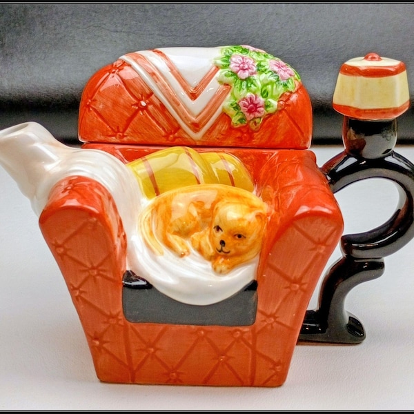 Teekannen-Liebhaber !! Entzückende 1 Tasse Teekanne Stuhl Form w / Katze Kätzchen Orange Schwarz Blumen
