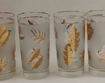 Set of 4 Golden Foliage Frosted Highball Glasses Retro Libbey MCM