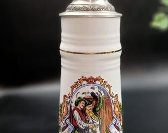German Beer Stein White Porcelain/Gold Strips/Scenic Tall 94% Zinn
