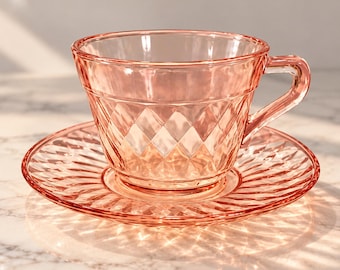 Vintage Hazel Atlas Pink Diamond Optic Cup and Saucer Set