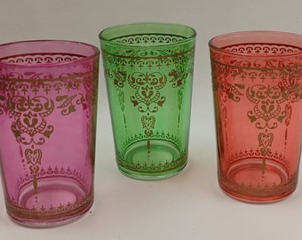 Moroccan Morjana Tea/Juice/Beverage Glasses Lot of 3  Red Purple Green Gold Etching