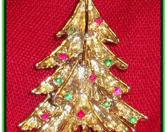 Christmas Tree Brooch Gold Tone Rhinestones