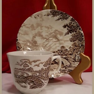 Tea Cup and Saucer Ridgway Staffordshire England Hand Engraved Brown Transferware Country Day&quot;s