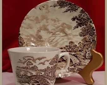 ALLISON theekopje en schotel Ridgway Staffordshire Engeland handgegraveerd bruin transferware Country Day's
