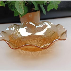 Vintage Jeannette Carnival Glass Iris-Iridescent 11&quot; Large Centerpiece Fruit Bowl