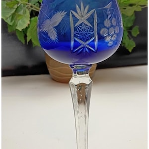 Vintage Cobalt Blue Wine Glass Czech Bohemian Handcrafted Cut-To-Clear  24% Lead Crystal