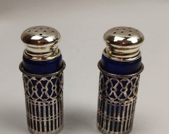 Vintage Salt Pepper Set Cobalt Blue Silver Plated Filigree Japan Golden Crown E&R