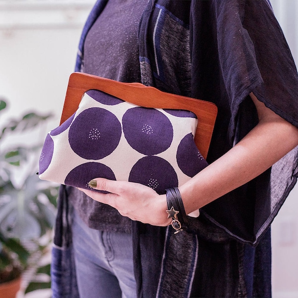 Large Wooden Frame Clutch Bag with Shoulder Straps, Large Cosmetic Bag, Boho Clutch Bag, Oversized Clutch Purse, Japanese Fabric Bag