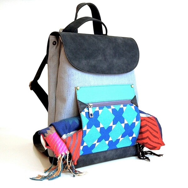 Morral de la lona, mochila, mochila de Hipster, mochila gris de cuero y lona bandolera, mochila de vegano, tela japonesa