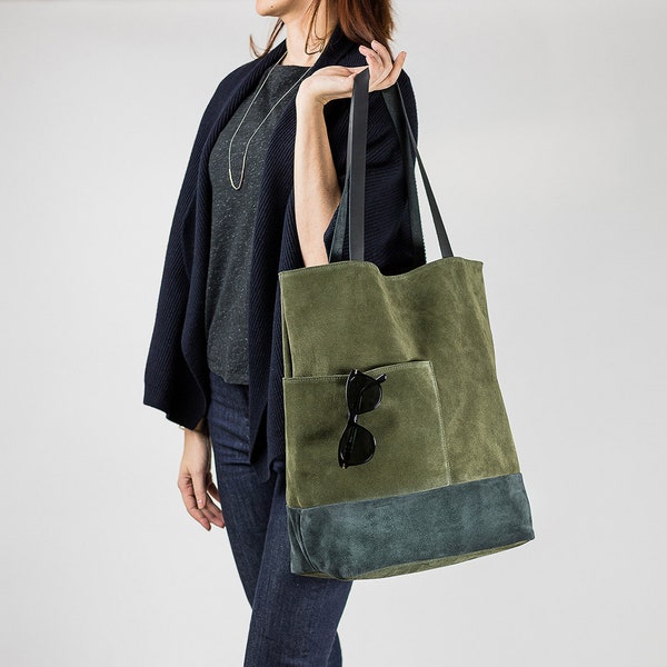 Oversized Tote Bag in Olive Green and Gray, Soft Suede Leather Shoulder Bag, Large Everyday Tote Bag with Pockets, Gifts for her