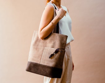 Oversized Tote Bag in Beige and Brown, Large Everyday Tote Bag with Pockets, Soft Suede Leather Shoulder Bag, Gifts for her