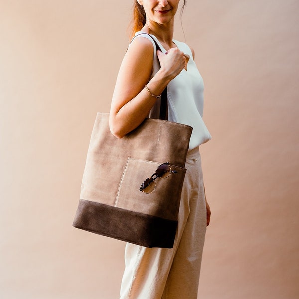 Oversized Tote Bag in Beige and Brown, Large Everyday Tote Bag with Pockets, Soft Suede Leather Shoulder Bag, Gifts for her