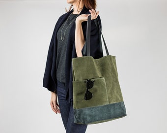 Oversized Tote Bag in Olive Green and Gray, Soft Suede Leather Shoulder Bag, Large Everyday Tote Bag with Pockets, Gifts for her