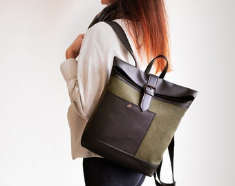 Canvas and Vegan Leather Backpack, Unisex Rolltop Backpack in Green and Black, Minimalist Backpack
