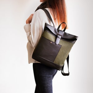 Canvas and Vegan Leather Backpack, Unisex Rolltop Backpack in Green and Black, Minimalist Backpack