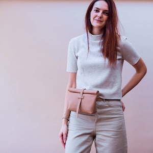 Light Beige Leather Belt Bag, Fanny Pack for Women, Fold over Bag, Leather roll on bag, Convertible Belt Bag, Minimalist Belt Bag Nude