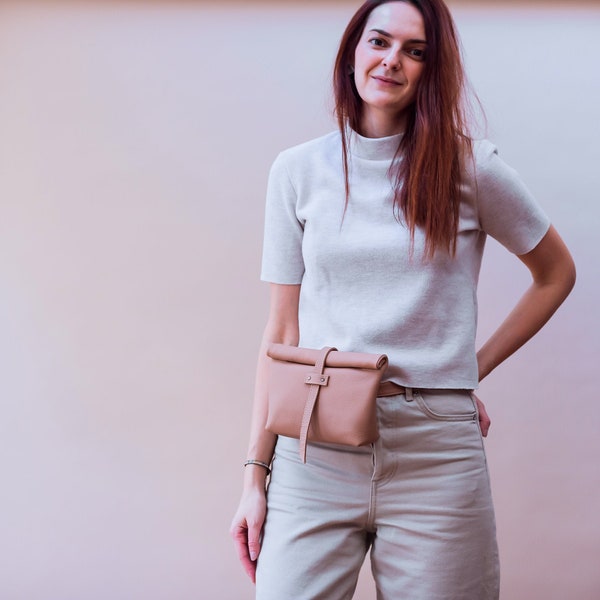 Light Beige Leather Belt Bag, Fanny Pack for Women, Fold over Bag, Leather roll on bag, Convertible Belt Bag, Minimalist Belt Bag