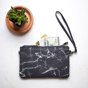 Womens Wallet Purse, Minimalist Clutch Wristlet Wallet, Black Marble Purse, Zippered Credit Card Holder image 1
