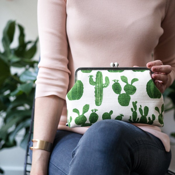 Womens Clutch Bag with Shoulder Strap, Cactus Clutch Bag, Kisslock Frame Clasp Purse, Succulent Toiletry Bag, Plant Lady Gift for her