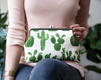 Bolso de mano para mujer con correa para el hombro, bolso de mano con diseño de cactus, bolso con cierre de beso, neceser con suculentas, regalo para ella.