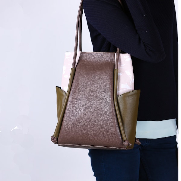 Womens Everyday Leather Bag, Minimalistic Shoulder Bag, Vegan Leather Bag, Leather and Canvas Bag, Taupe Hobo Bag, Brown,Khaki, Gift for her